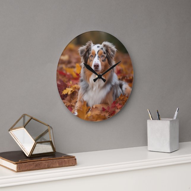 Australian Shepherd  in Autumn Leaves Fall Inspire Large Clock (Office)