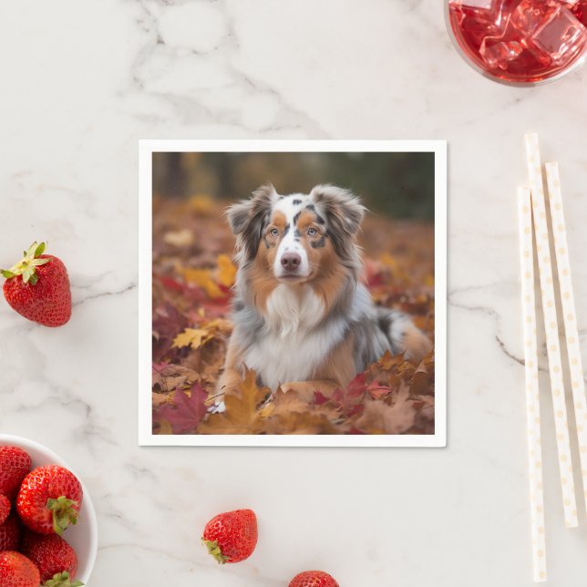 Australian Shepherd  in Autumn Leaves Fall Inspire Napkins (Insitu)