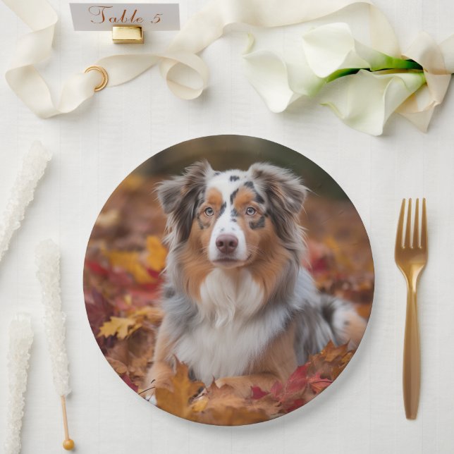 Australian Shepherd  in Autumn Leaves Fall Inspire Paper Plates (Wedding)