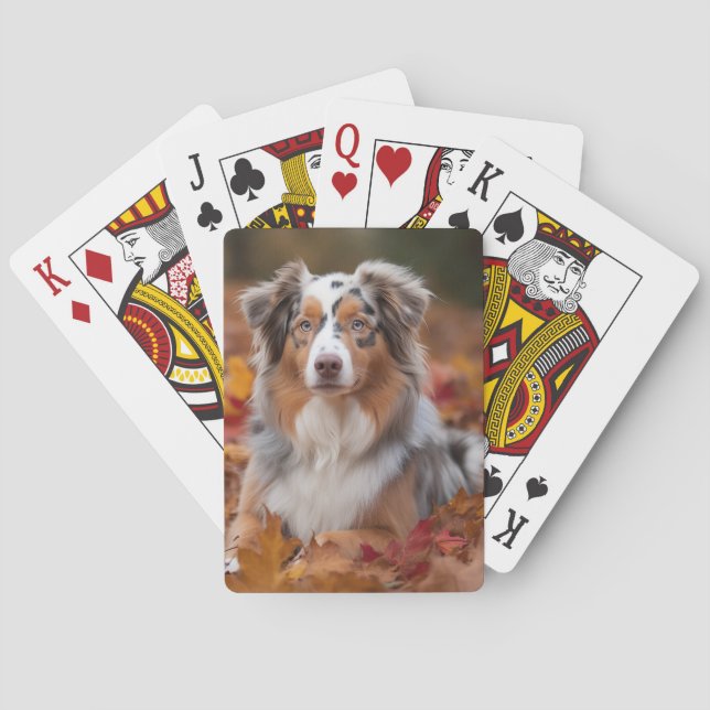 Australian Shepherd  in Autumn Leaves Fall Inspire Poker Cards (Back)
