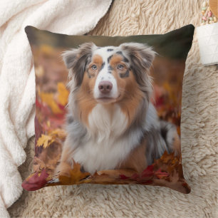 Australian Shepherd in Autumn Leaves Fall Inspire Throw Pillow