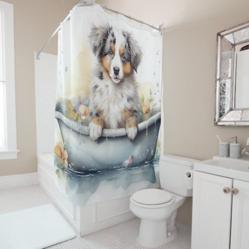 Australian Shepherd In Bathtub Watercolor Dog Art Shower Curtain