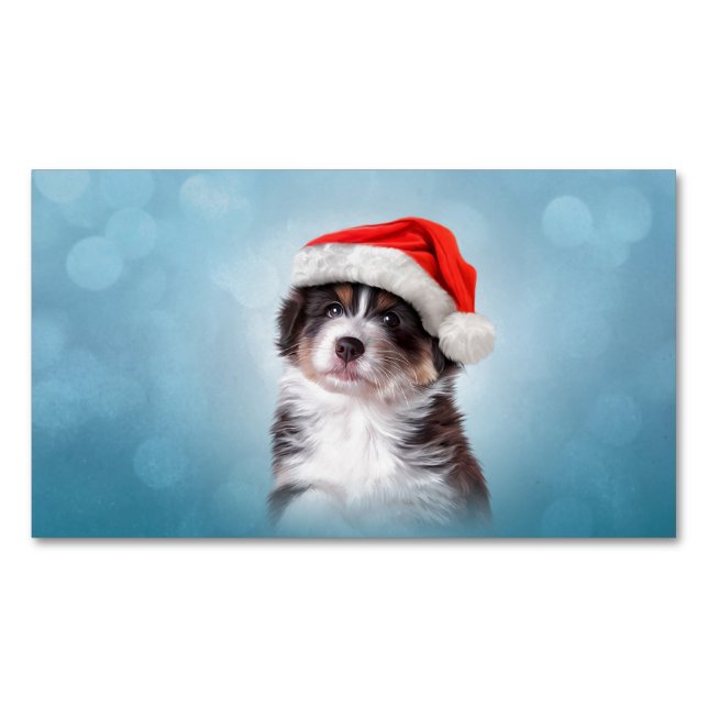 Australian Shepherd in red hat of Santa Business Card Magnet (Front)