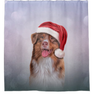 Australian Shepherd in red hat of Santa Claus 3 Shower Curtain