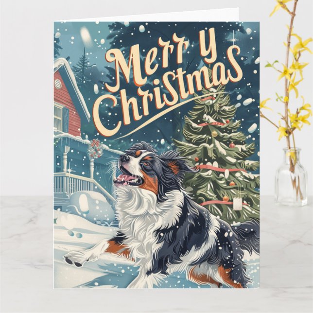 Australian Shepherd in Snow Christmas Card (Yellow Flower)