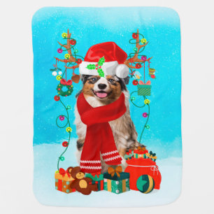 Australian shepherd in snow with Christmas gifts Baby Blanket