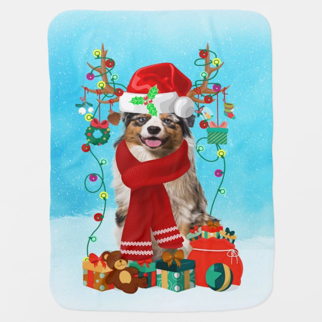 Australian shepherd in snow with Christmas gifts  Baby Blanket (Front)