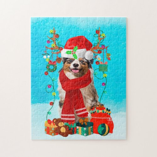 Australian shepherd in snow with Christmas gifts  Jigsaw Puzzle