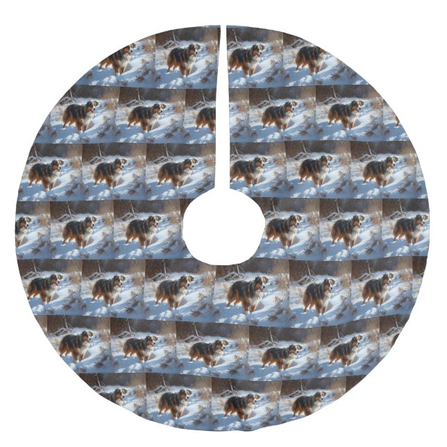Australian Shepherd Let It Snow Christmas Brushed Polyester Tree Skirt (Front)