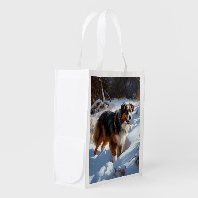 Australian Shepherd Let It Snow Christmas Grocery Bag (Front Side)