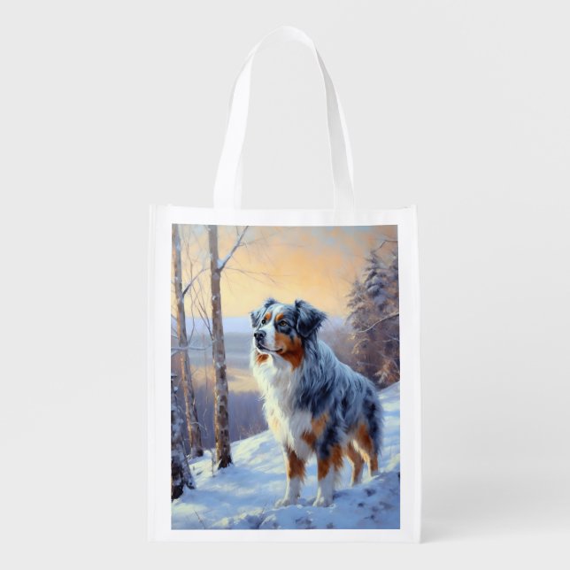 Australian Shepherd Let It Snow Christmas  Grocery Bag (Front)