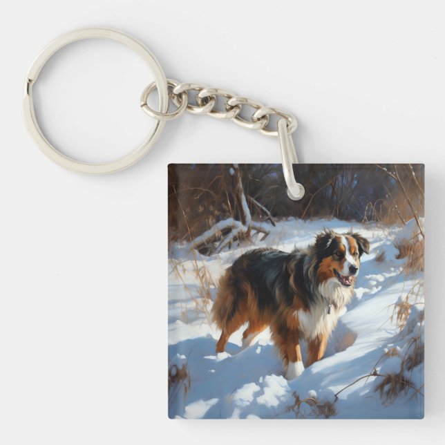 Australian Shepherd Let It Snow Christmas Keychain (Front)