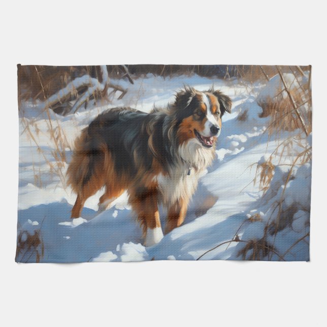 Australian Shepherd Let It Snow Christmas Kitchen Towel (Horizontal)