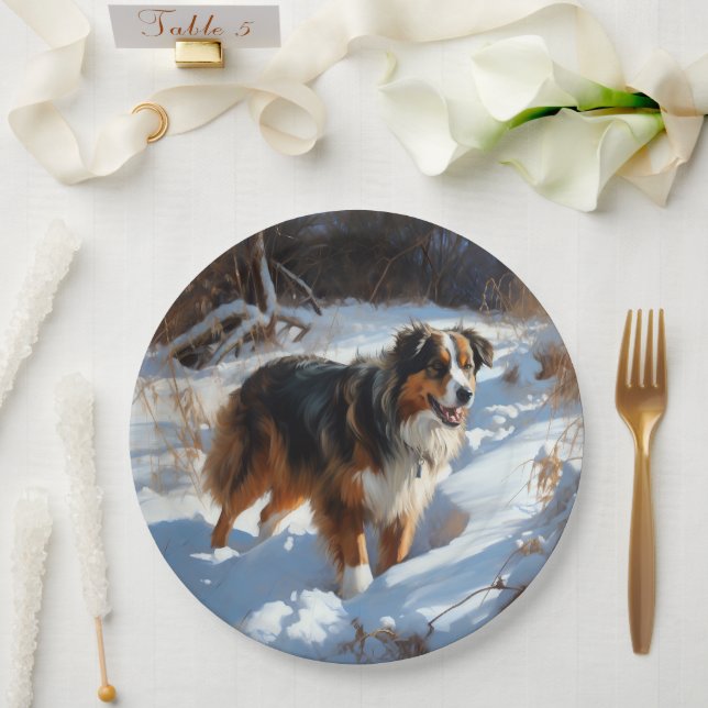 Australian Shepherd Let It Snow Christmas Paper Plates (Wedding)