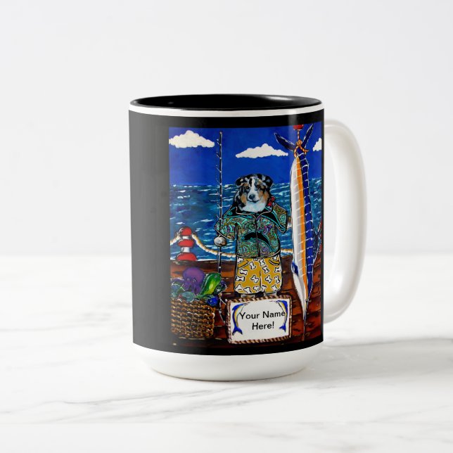 Australian Shepherd Marlin Fishing Two-Tone Coffee Mug (Front Right)