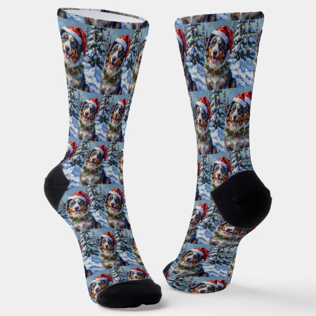 Australian Shepherd Merle Winter Christmas Art Socks (Angled)