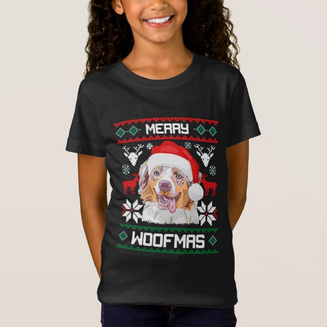 Australian Shepherd Merry Woofmas Dog Christmas T-Shirt (Front)