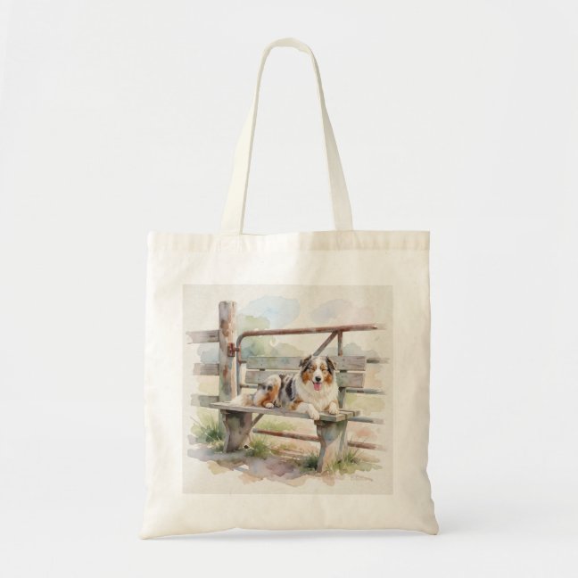 Australian Shepherd Napping On The Ranch Gate Benc Tote Bag