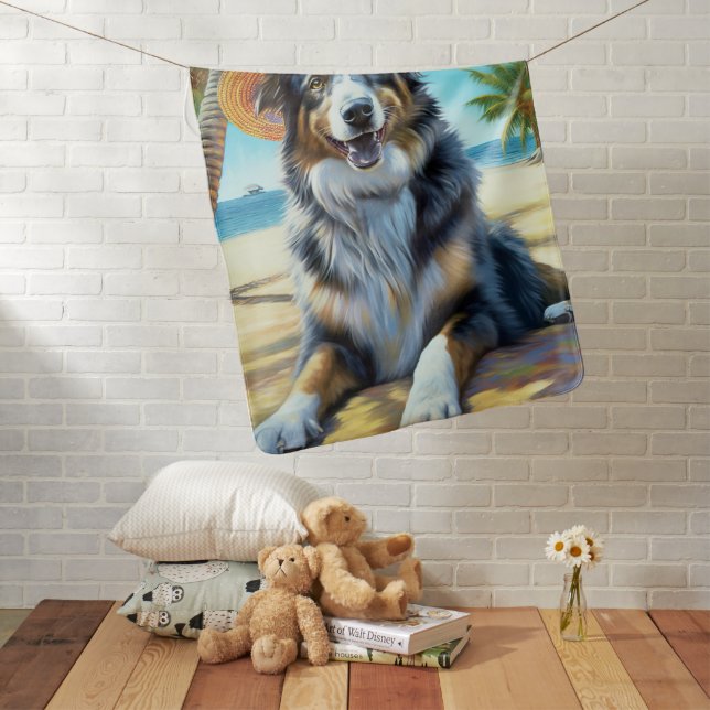 Australian Shepherd On Beach dog lover summer gift Baby Blanket (In Situ)