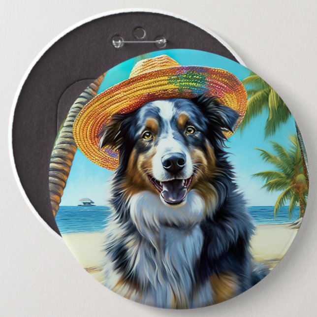 Australian Shepherd On Beach dog lover summer gift Button (Front & Back)