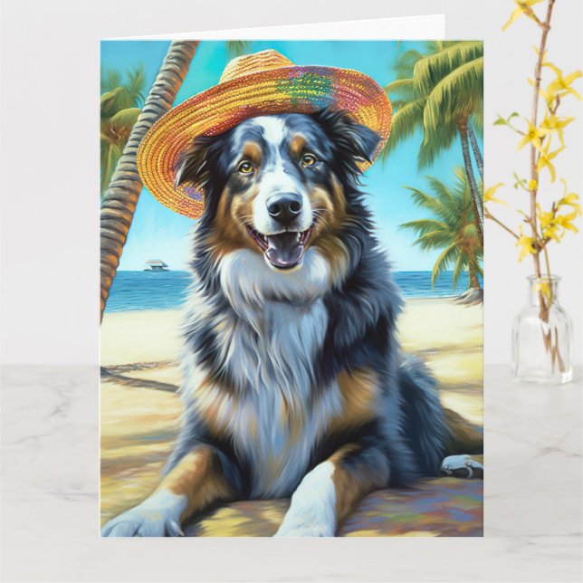 Australian Shepherd On Beach dog lover summer gift Card (Yellow Flower)