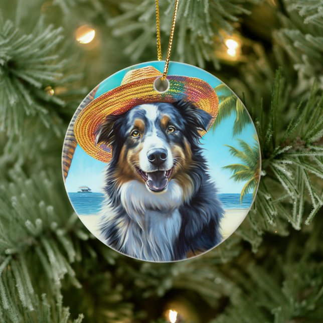 Australian Shepherd On Beach dog lover summer gift Ceramic Ornament (Tree)