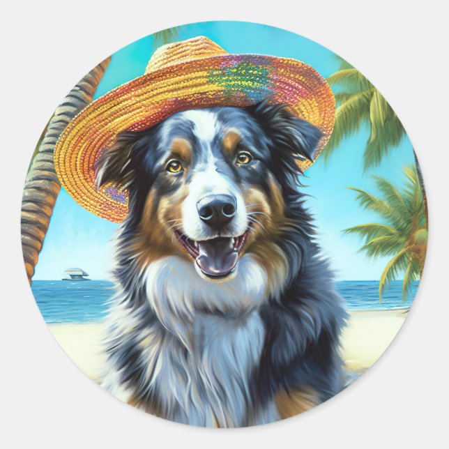 Australian Shepherd On Beach dog lover summer gift Classic Round Sticker (Front)
