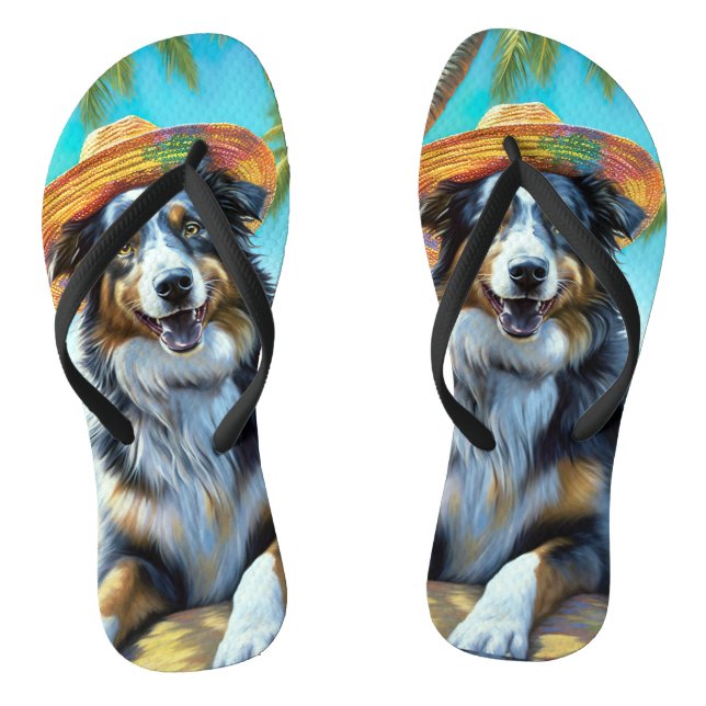 Australian Shepherd On Beach dog lover summer gift Flip Flops (Footbed)