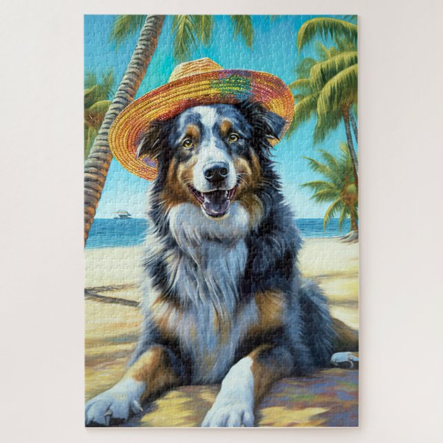 Australian Shepherd On Beach dog lover summer gift Jigsaw Puzzle (Vertical)