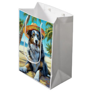 Australian Shepherd On Beach dog lover summer gift Medium Gift Bag