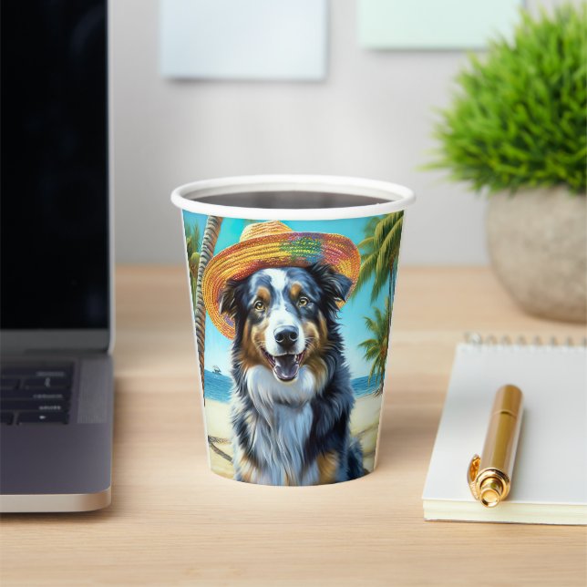 Australian Shepherd On Beach dog lover summer gift Paper Cups (Insitu)