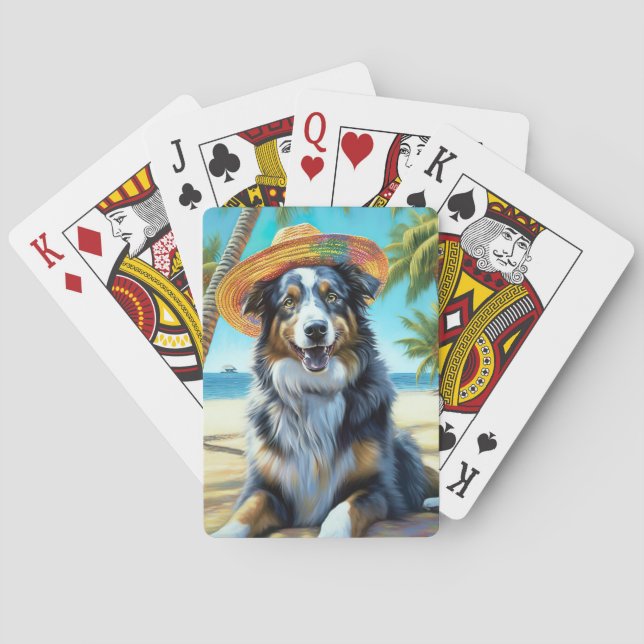 Australian Shepherd On Beach dog lover summer gift Poker Cards (Back)
