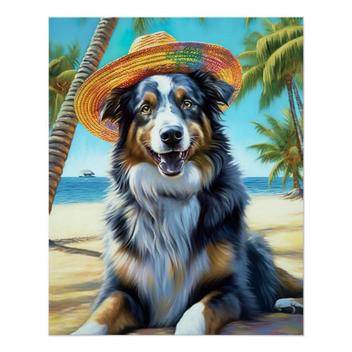 Australian Shepherd On Beach dog lover summer gift Poster