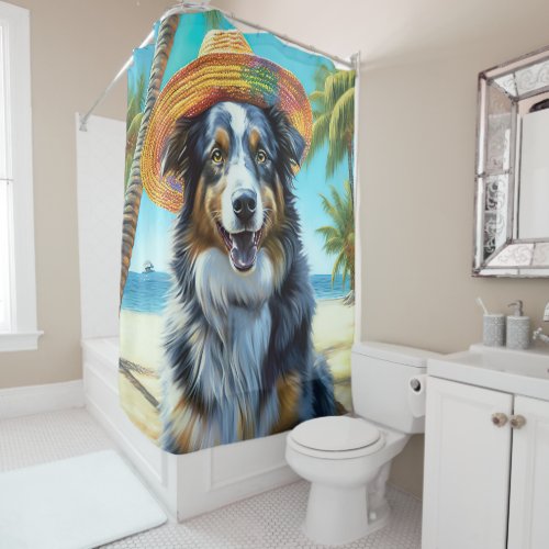 Australian Shepherd On Beach dog lover summer gift Shower Curtain