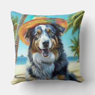 Australian Shepherd On Beach dog lover summer gift Throw Pillow
