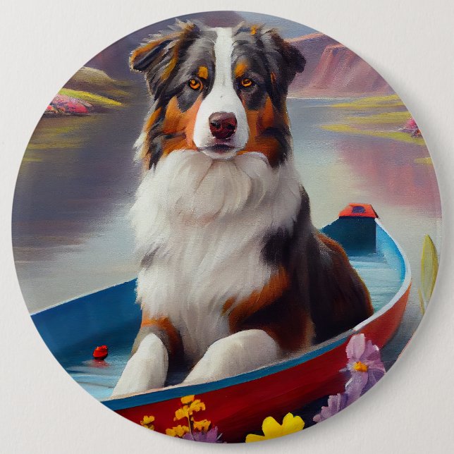 Australian Shepherd on Paddle: A Scenic Adventure Button (Front)