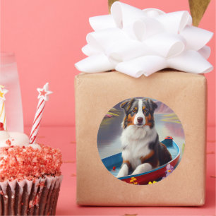 Australian Shepherd on Paddle: A Scenic Adventure Classic Round Sticker