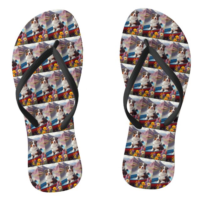 Australian Shepherd on Paddle: A Scenic Adventure Flip Flops (Footbed)