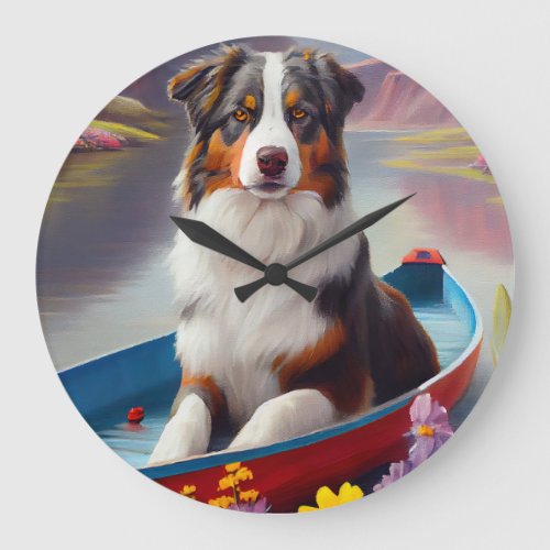 Australian Shepherd on Paddle A Scenic Adventure Large Clock