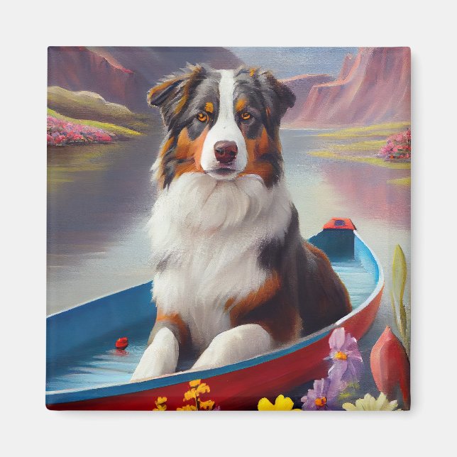 Australian Shepherd on Paddle: A Scenic Adventure Magnet (Front)