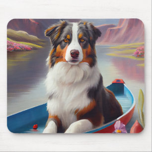Australian Shepherd on Paddle: A Scenic Adventure Mouse Pad