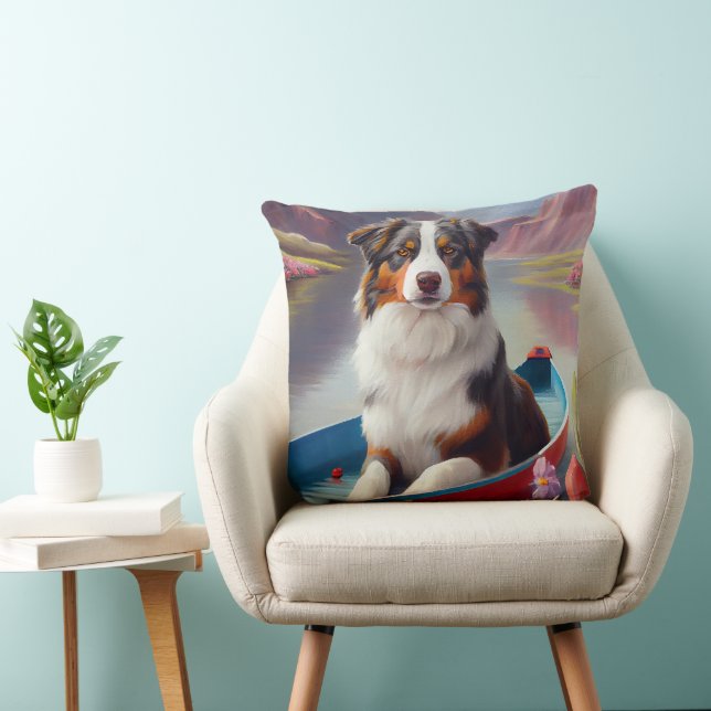 Australian Shepherd on Paddle: A Scenic Adventure Throw Pillow (Chair)
