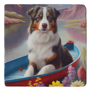 Australian Shepherd on Paddle: A Scenic Adventure Trivet