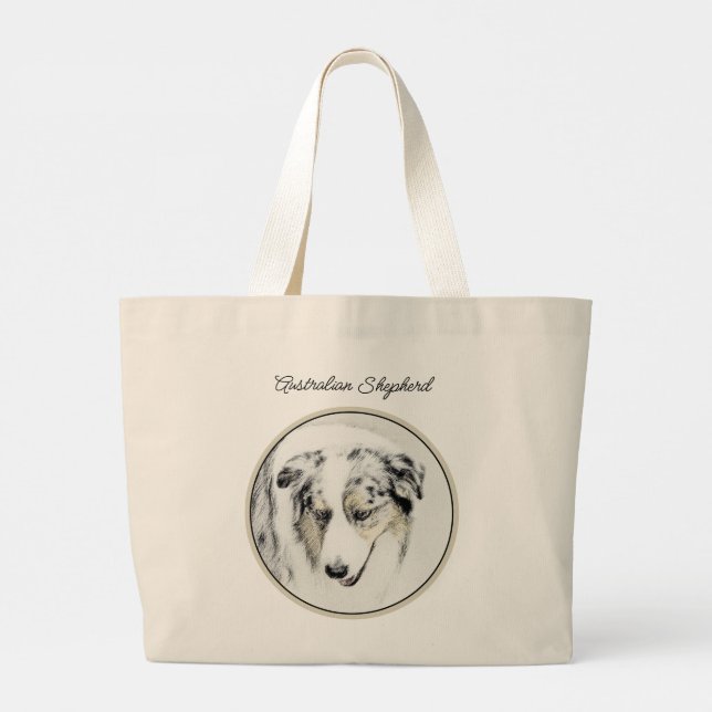 Australian Shepherd Painting Blue Merle Dog Art Large Tote Bag (Back)
