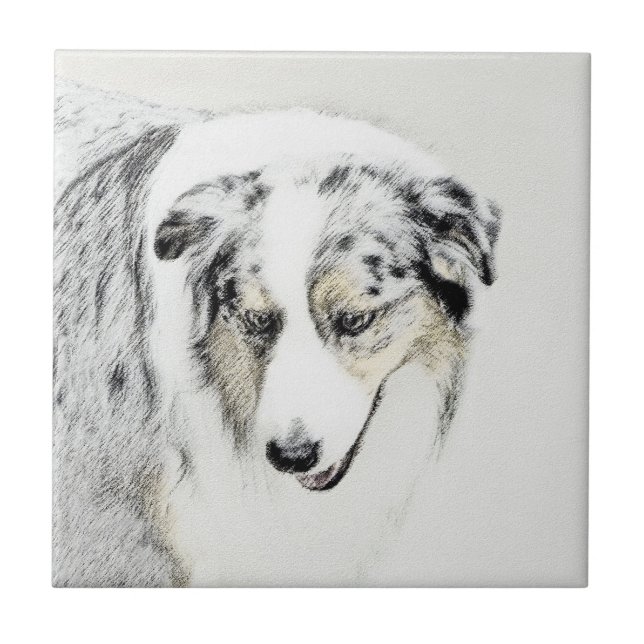 Australian Shepherd Painting - Original Dog Art Ceramic Tile (Front)