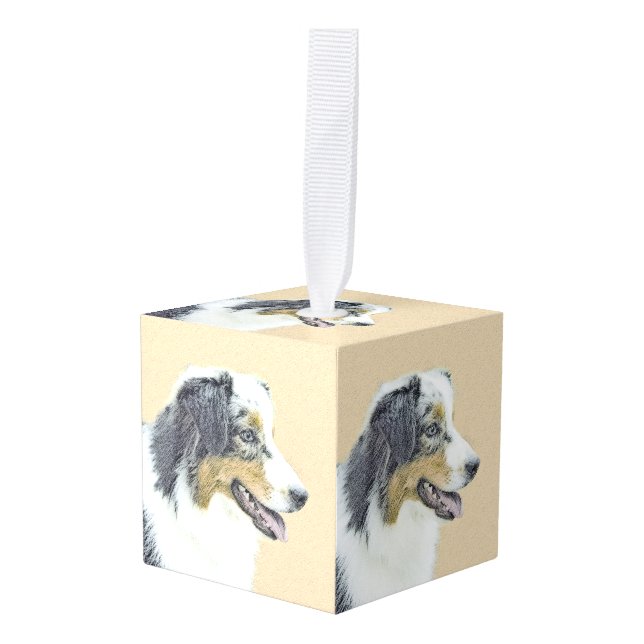 Australian Shepherd Painting - Original Dog Art Cube Ornament (Front Angled)