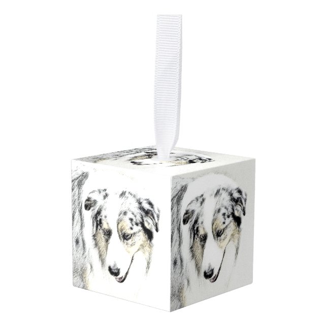 Australian Shepherd Painting - Original Dog Art Cube Ornament (Front Angled)