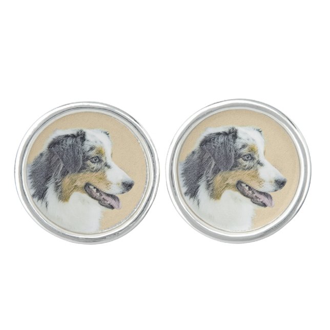 Australian Shepherd Painting - Original Dog Art Cufflinks (Front)