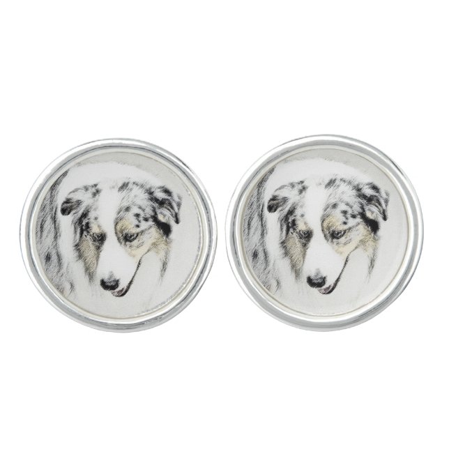 Australian Shepherd Painting - Original Dog Art Cufflinks (Front)
