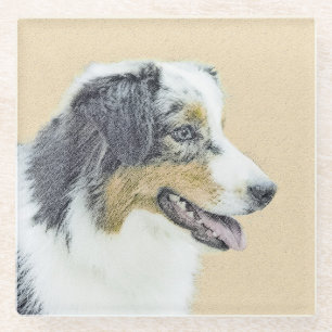 Australian Shepherd Painting - Original Dog Art Glass Coaster
